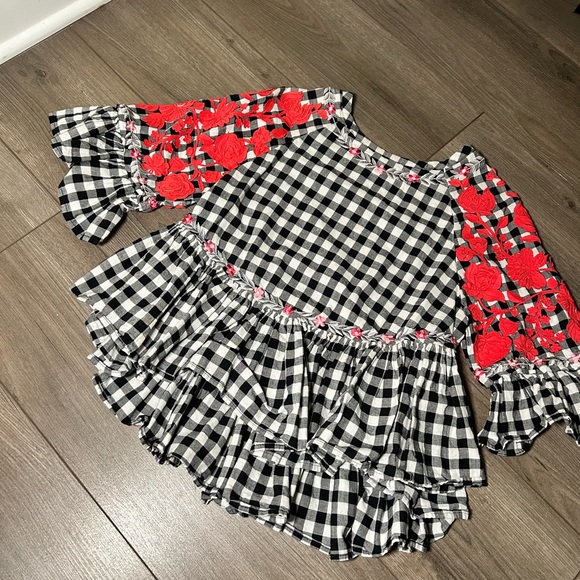 Pankaj And Nidhi Tops - Black & White Gingham Peplum Top with Red Floral Embroidery